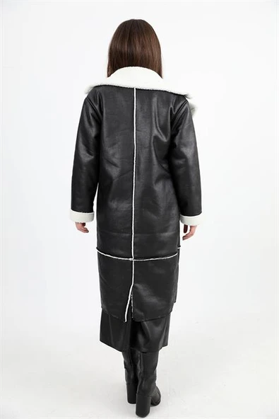 Kaban Kruvaze Yaka İçi Peluş Cepli Süet Uzun - Siyah-Ekru - 5