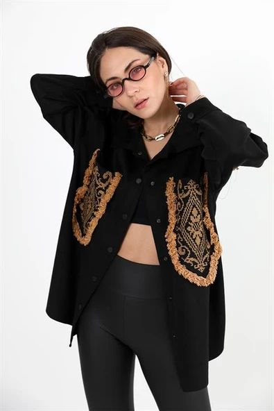 Gömlek Cebi Püsküllü Nakışlı Süet - Siyah - Resim 3