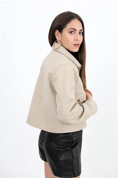 Çıtçıtlı Melanjlı Kısa Ceket - Taş - Resim 6