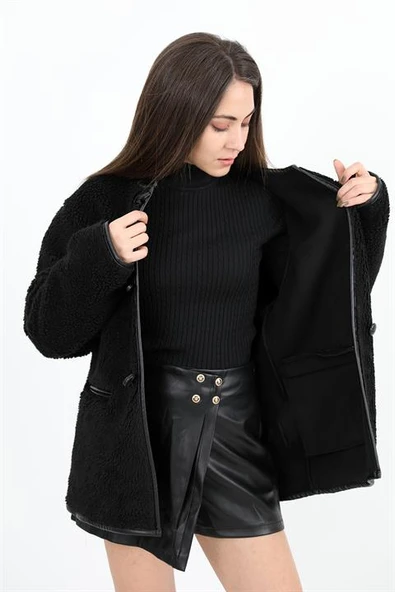 Bisiklet Yaka Kıvırcık Ceket - Siyah - Resim 6