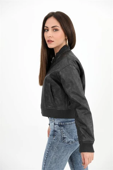 Ribanalı Eskitme Deri Mont - Siyah - Resim 4