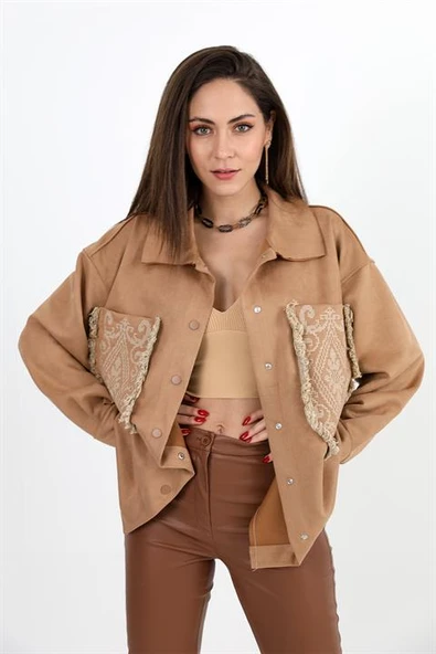 Gömlek Cebi Püsküllü Nakışlı Süet - Camel - Resim 4