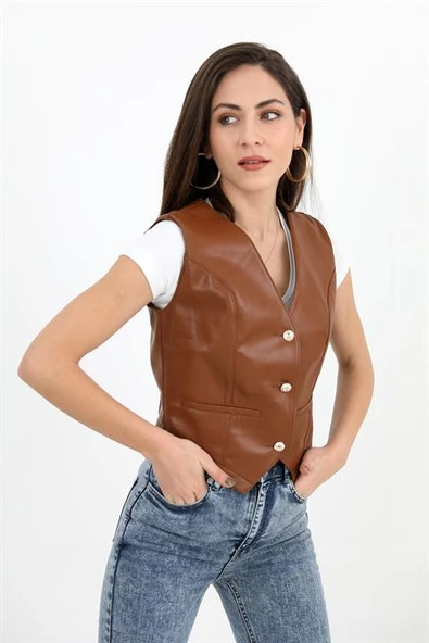 Fleto Cepli Deri Yelek - Taba - Resim 3