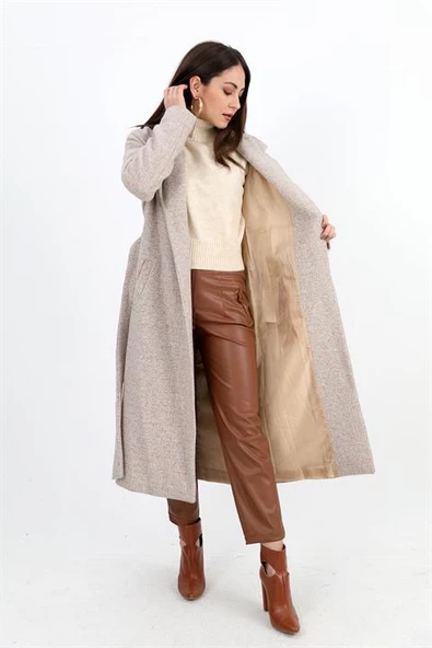 Kruvaze Yaka Fleto Cepli Uzun Kaban - Vizon - 5