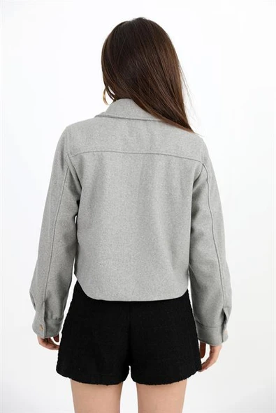 Çıtçıtlı Melanjlı Kısa Ceket - Gri - Resim 6