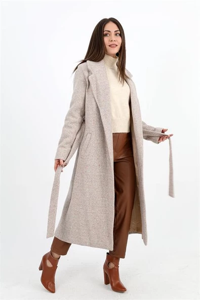 Kruvaze Yaka Fleto Cepli Uzun Kaban - Vizon - 6