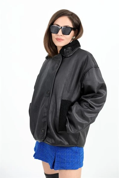Kıvırcık Cepli Deri Düğmeli Ceket - Siyah - Resim 5