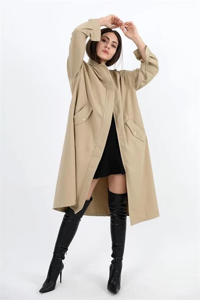 Trençkot Yakası Ribanalı Kolu Çıtçıtlı Fermuarlı - Vizon - Resim 4