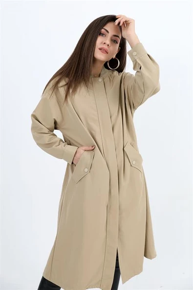 Trençkot Yakası Ribanalı Kolu Çıtçıtlı Fermuarlı - Vizon - Resim 5