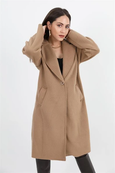 Kaşe Kaban Kruvaze Yaka Kolu Arma Detaylı - Camel - 4