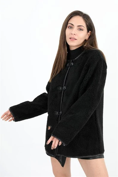 Bisiklet Yaka Kıvırcık Ceket - Siyah - Resim 5