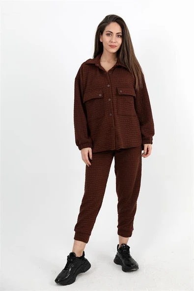 Jakarlı Kapitone İkili Takım - Kahverengi ürün görseli 1