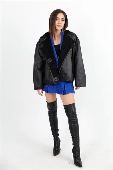 Kıvırcık Cepli Deri Düğmeli Ceket - Siyah ürün görseli