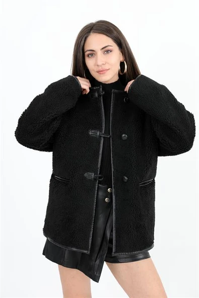 Bisiklet Yaka Kıvırcık Ceket - Siyah - Resim 3