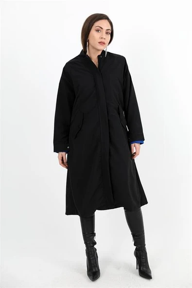 Trençkot Yakası Ribanalı Kolu Çıtçıtlı Fermuarlı - Siyah ürün görseli 1
