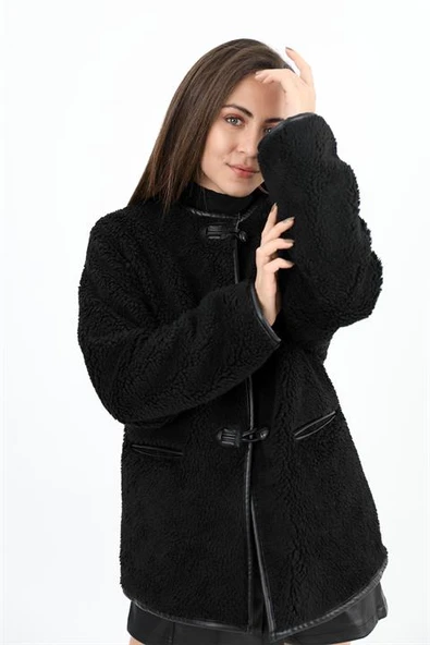 Bisiklet Yaka Kıvırcık Ceket - Siyah - Resim 7