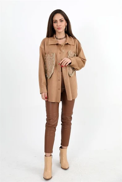 Gömlek Cebi Püsküllü Nakışlı Süet - Camel - Resim 2