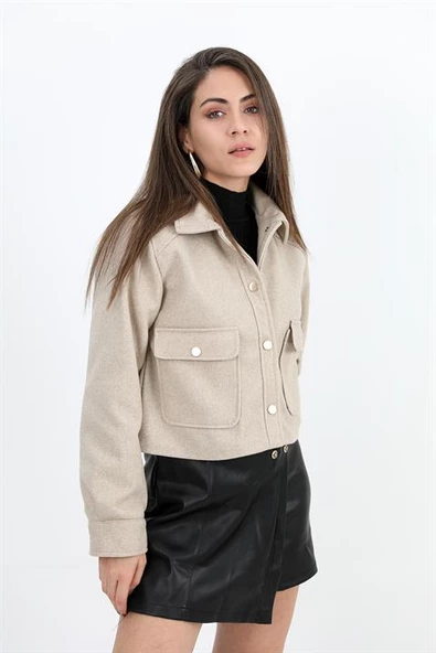 Çıtçıtlı Melanjlı Kısa Ceket - Taş - Resim 2