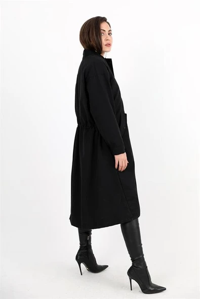 Trençkot Yakası Ribanalı Kolu Çıtçıtlı Fermuarlı - Siyah - Resim 6