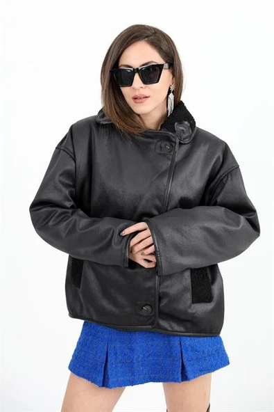 Kıvırcık Cepli Deri Düğmeli Ceket - Siyah - Resim 3