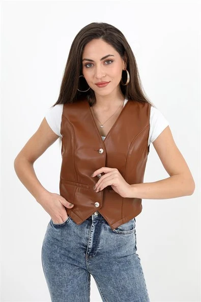 Fleto Cepli Deri Yelek - Taba - Resim 2