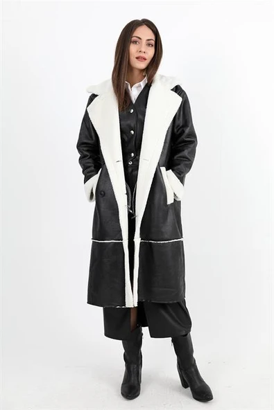Kaban Kruvaze Yaka İçi Peluş Cepli Süet Uzun - Siyah-Ekru - 2