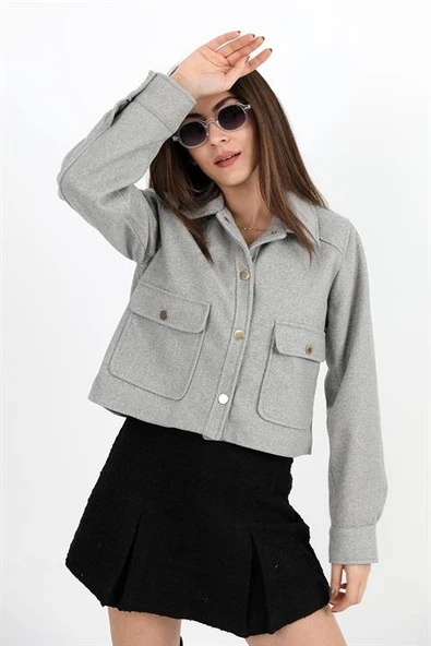 Çıtçıtlı Melanjlı Kısa Ceket - Gri - Resim 3