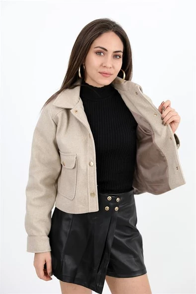 Çıtçıtlı Melanjlı Kısa Ceket - Taş - Resim 5