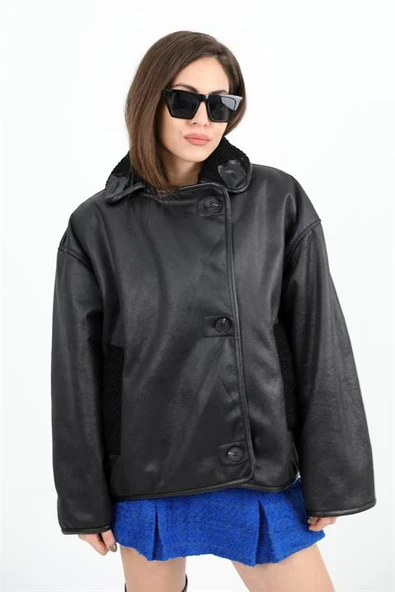 Kıvırcık Cepli Deri Düğmeli Ceket - Siyah - Resim 4