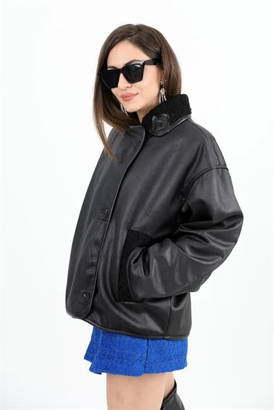 Kıvırcık Cepli Deri Düğmeli Ceket - Siyah - Resim 6