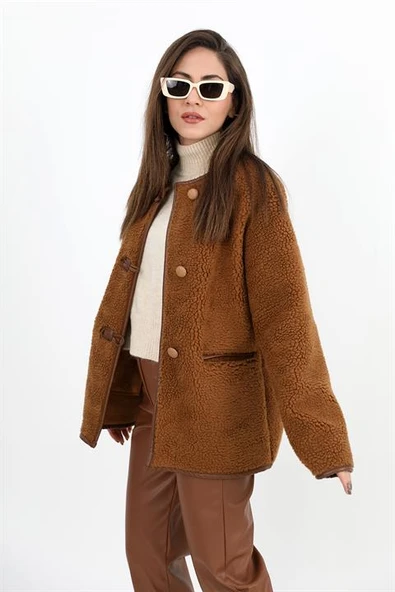 Bisiklet Yaka Kıvırcık Ceket - Camel - Resim 4