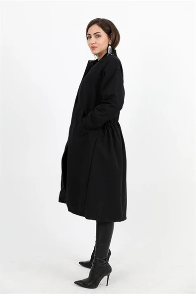 Trençkot Yakası Ribanalı Kolu Çıtçıtlı Fermuarlı - Siyah - Resim 4