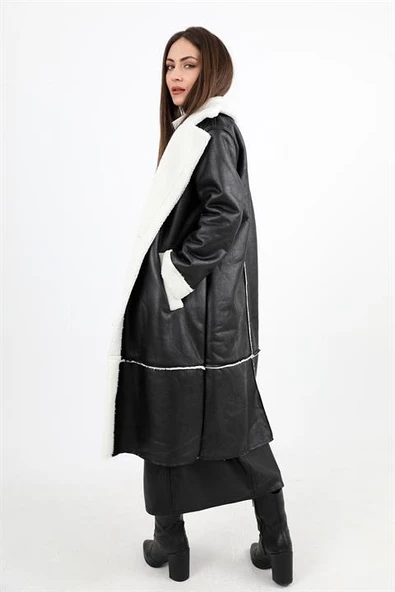 Kaban Kruvaze Yaka İçi Peluş Cepli Süet Uzun - Siyah-Ekru - 4