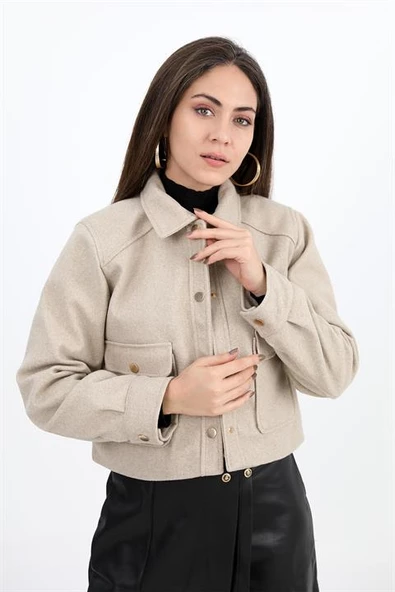 Çıtçıtlı Melanjlı Kısa Ceket - Taş - Resim 3