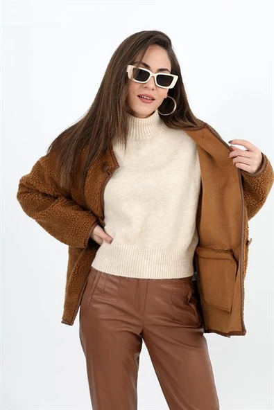 Bisiklet Yaka Kıvırcık Ceket - Camel - Resim 6