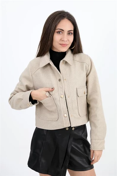 Çıtçıtlı Melanjlı Kısa Ceket - Taş - Resim 4
