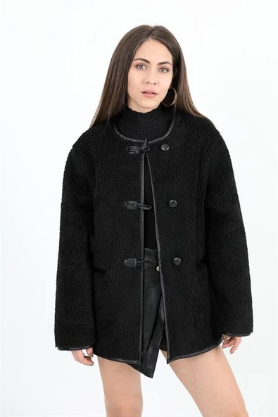 Bisiklet Yaka Kıvırcık Ceket - Siyah - Resim 2
