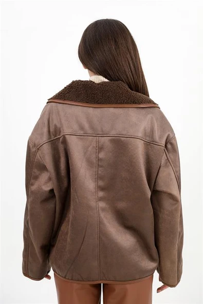 Kıvırcık Cepli Deri Düğmeli Ceket - Kahverengi - 6