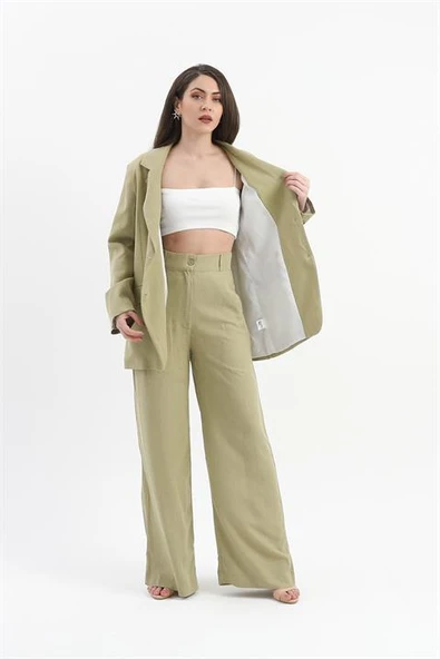 Arkası Çift Yırtmaç Keten Ceket - Yağ Yeşili - Resim 3