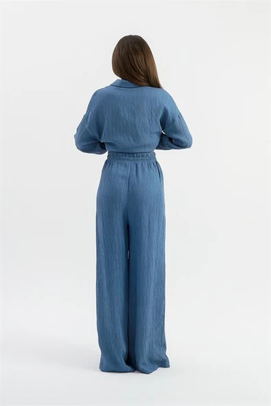 Yüksek Bel Cepli Krinkıl Kumaş Pantolon - İndigo - Resim 3