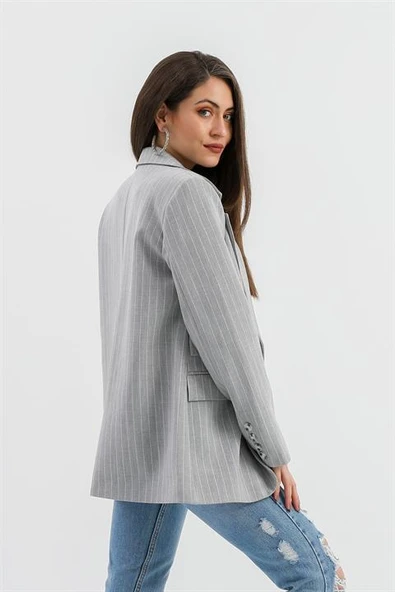 Üç Cep Kapaklı Çizgili Poliviskon Ceket - Gri - Resim 6