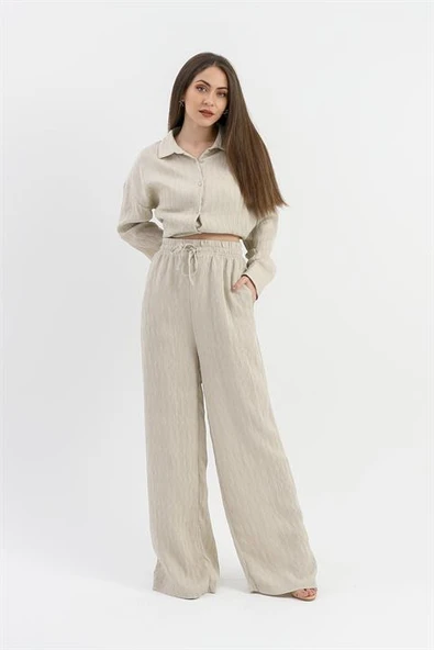 Yüksek Bel Cepli Krinkıl Kumaş Pantolon - Taş - 1