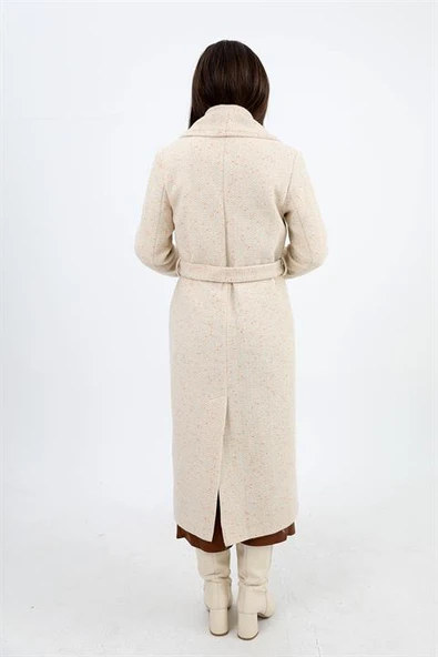 Kruvaze Yaka Fleto Cepli Uzun Kaban - Ekru - 5