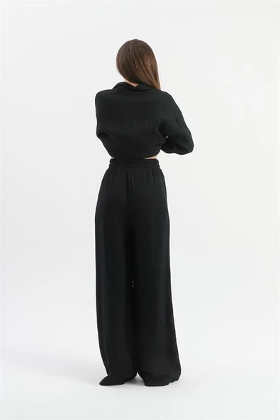 Yüksek Bel Cepli Krinkıl Kumaş Pantolon - Siyah - Resim 3