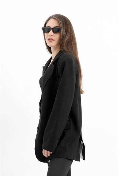 Arkası Çift Yırtmaç Keten Ceket - Siyah - Resim 4