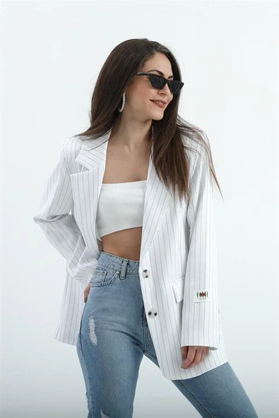 Üç Cep Kapaklı Çizgili Poliviskon Ceket - Ekru - Resim 2