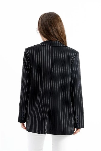 Üç Cep Kapaklı Çizgili Poliviskon Ceket - Siyah - Resim 7