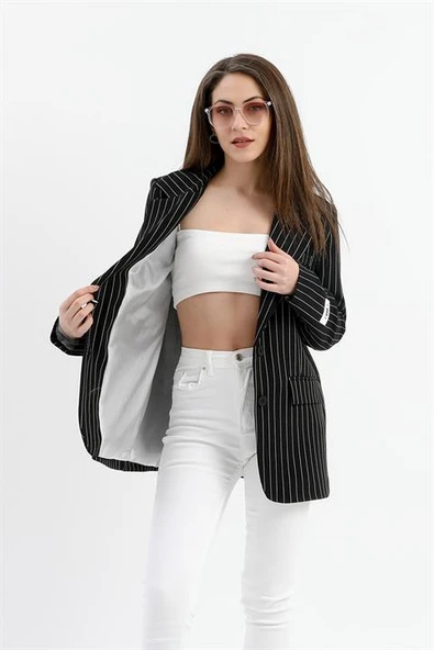 Üç Cep Kapaklı Çizgili Poliviskon Ceket - Siyah - Resim 5
