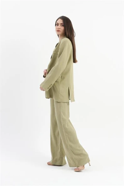 Arkası Çift Yırtmaç Keten Ceket - Yağ Yeşili - Resim 4