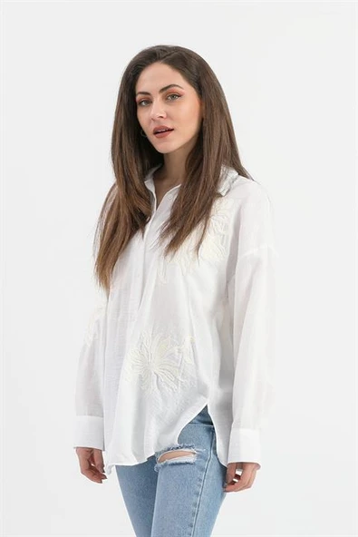 Pulpayet Nakışlı Keten Gömlek - Ekru ürün görseli 1